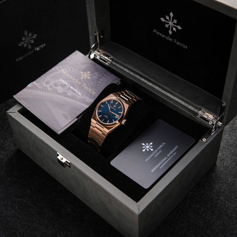 Chọn đồng hồ quà tặng Alexander Ferros fullbox hộp, sổ, thẻ bảo hành, túi đựng sang trọng